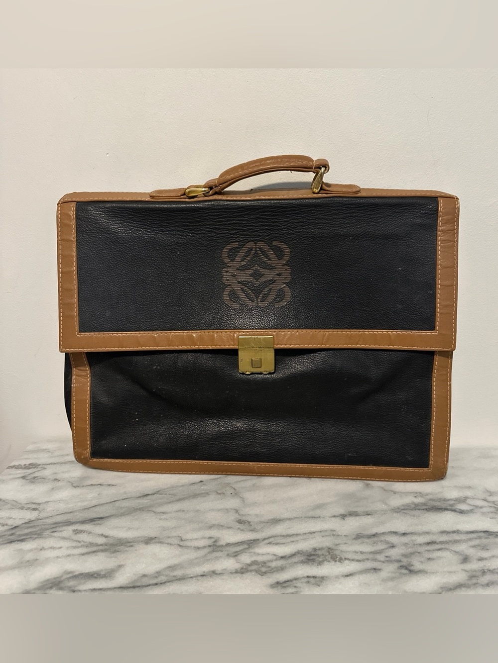 Vintage LOEWE Anagram Black Leather Briefcase Camel Tan Trim
Business Bag Spain
